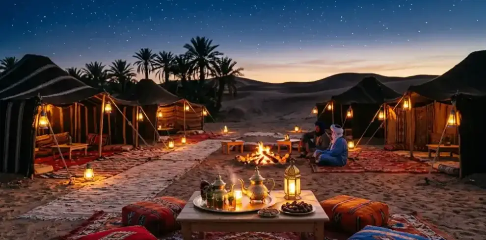 Bivouac désert Zagora nuit sous tente nomade Maroc